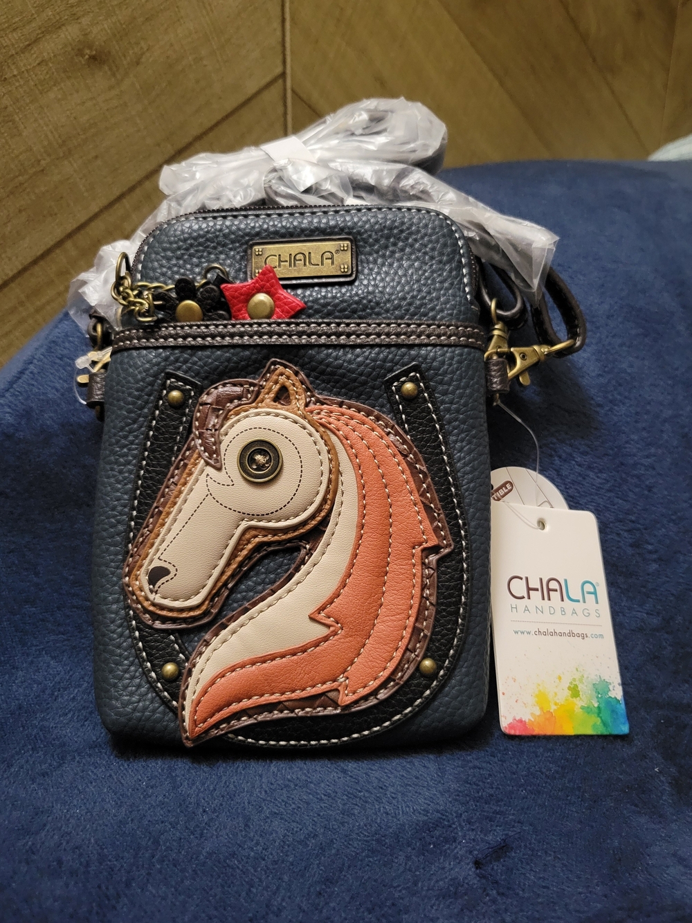 Chala Cell Phone Crossbody Bag with Horse Applique in Tan and Brown